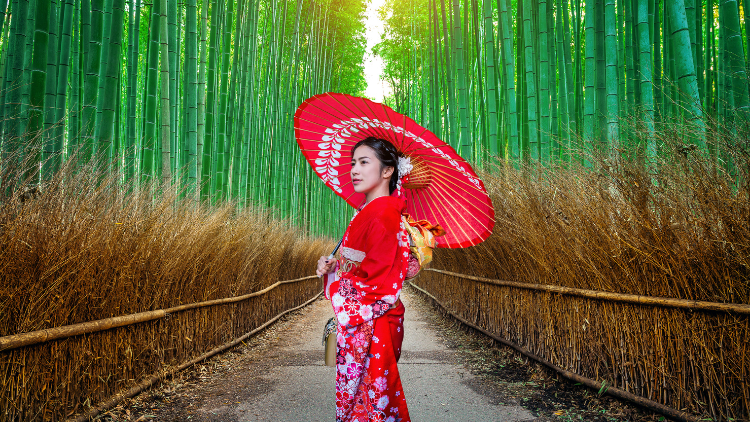 A woman dressed in a red kimono holding a traditional red parasol, standing on a path in a lush bamboo forest.